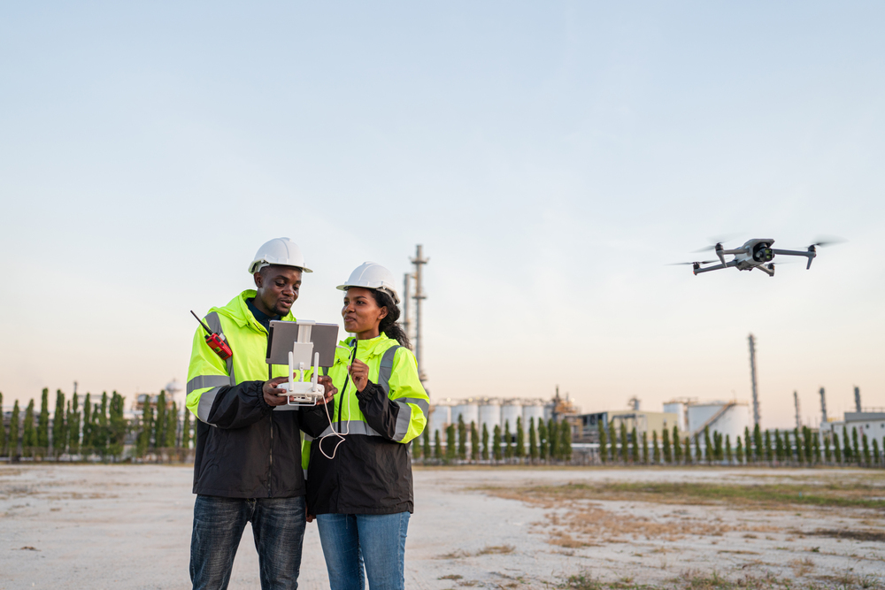 Engineers Flying a Drone at an Industrial Plant
