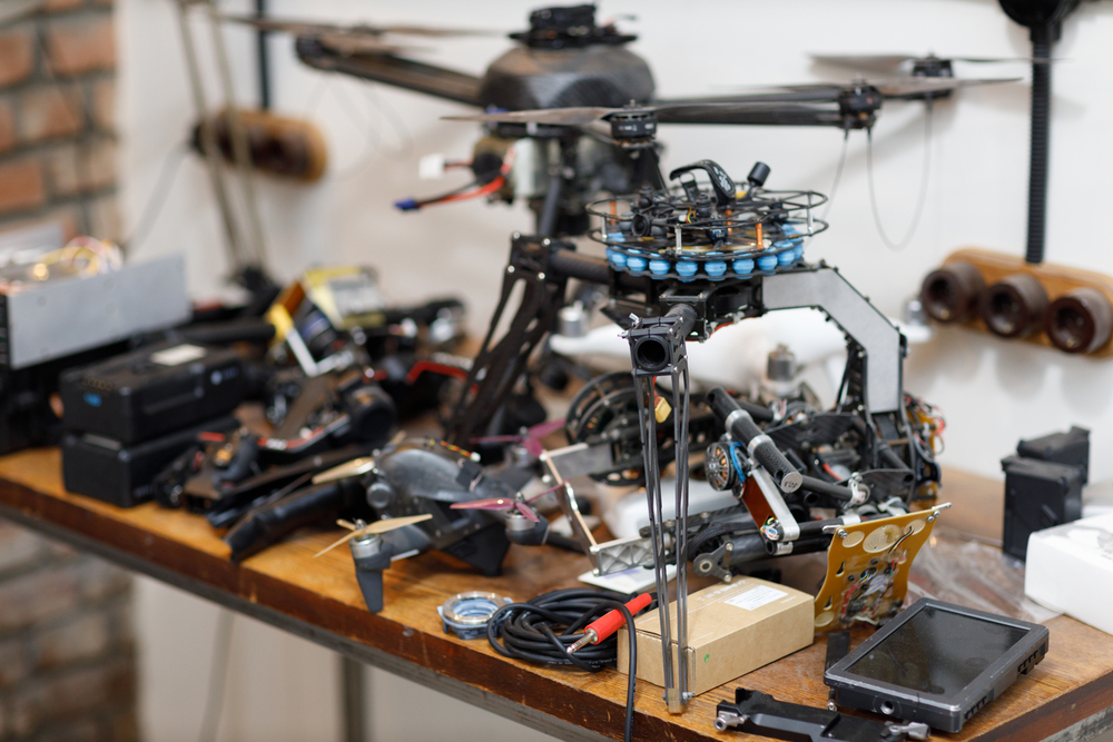 Workshop and Repair Production Quadcopter Drones with Parts Stuff 